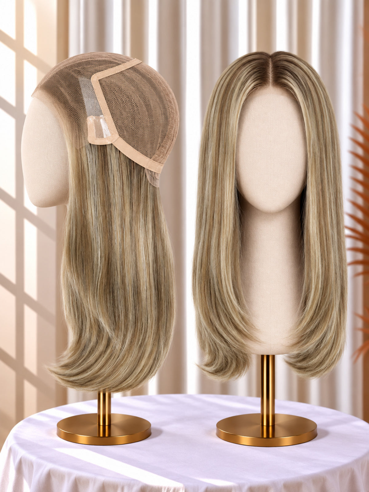 Welded lace wig, warm blonde hair wig samples on stands with visible lace cap