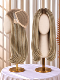 Welded lace wig, warm blonde hair wig samples on stands with visible lace cap