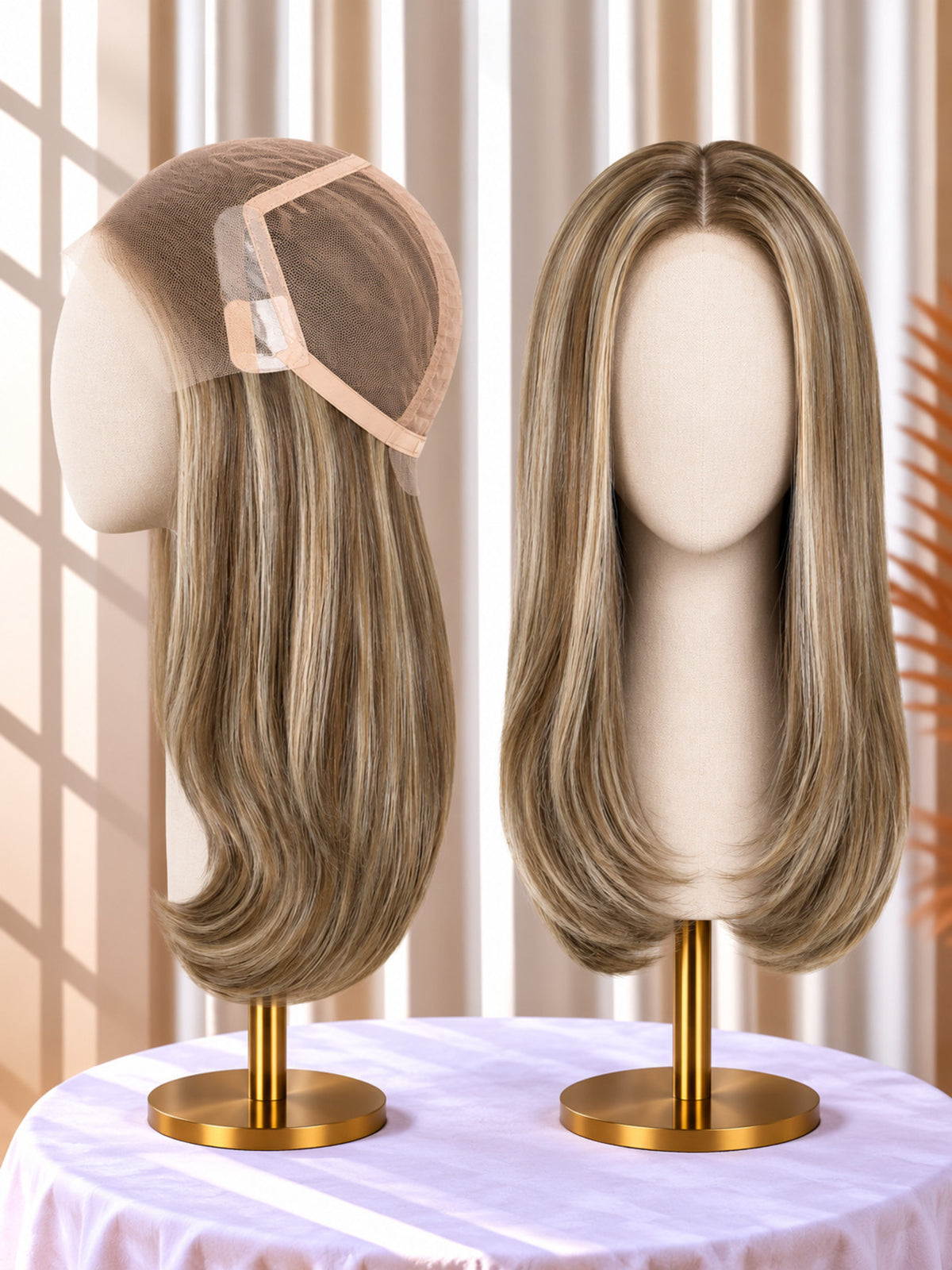 Welded lace medical wig in ash blonde, side profile and front view on stand