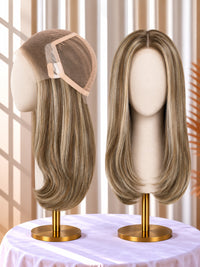 Welded lace medical wig in ash blonde, side profile and front view on stand