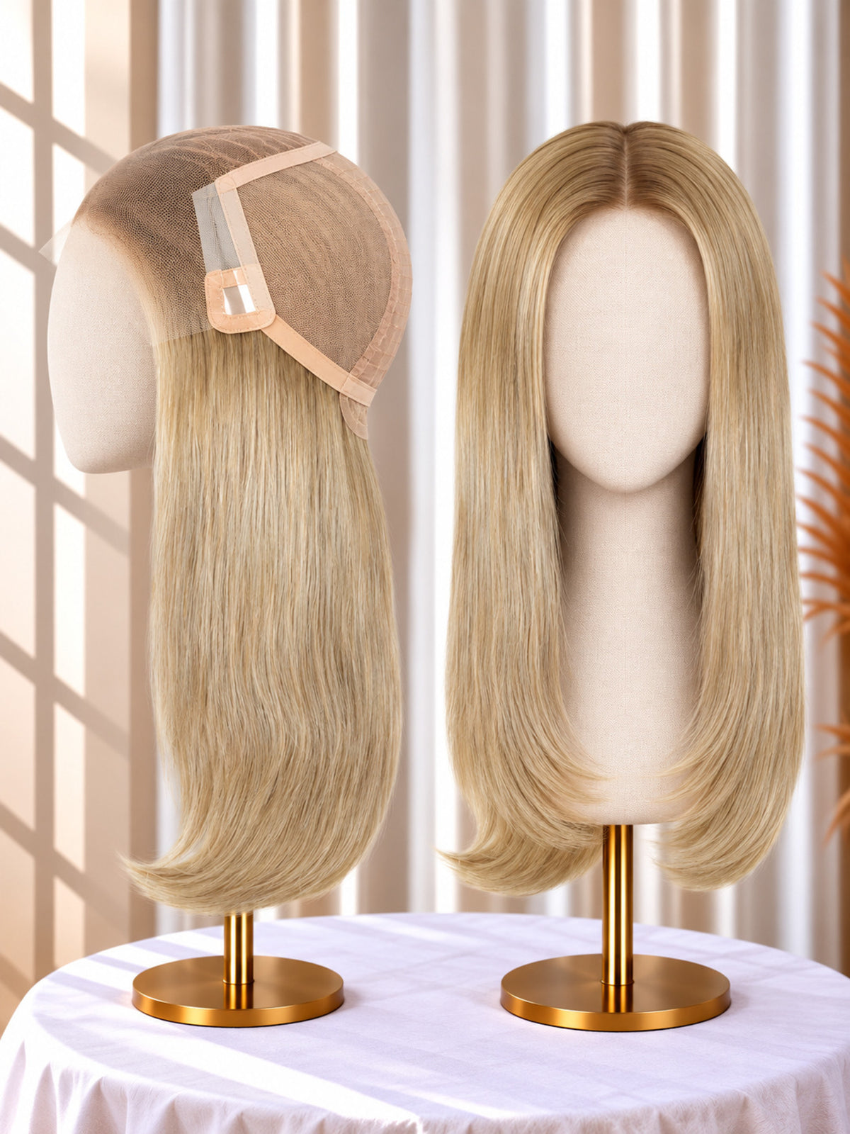 Welded lace medical wig in pale blonde, side profile and front view on stand