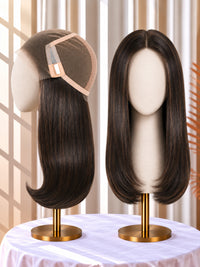 Welded lace wig, dark brown hair wig samples on stands with visible lace cap