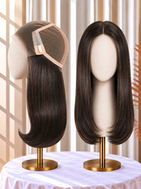 Welded lace medical wig in dark brown, side profile and front view on stand