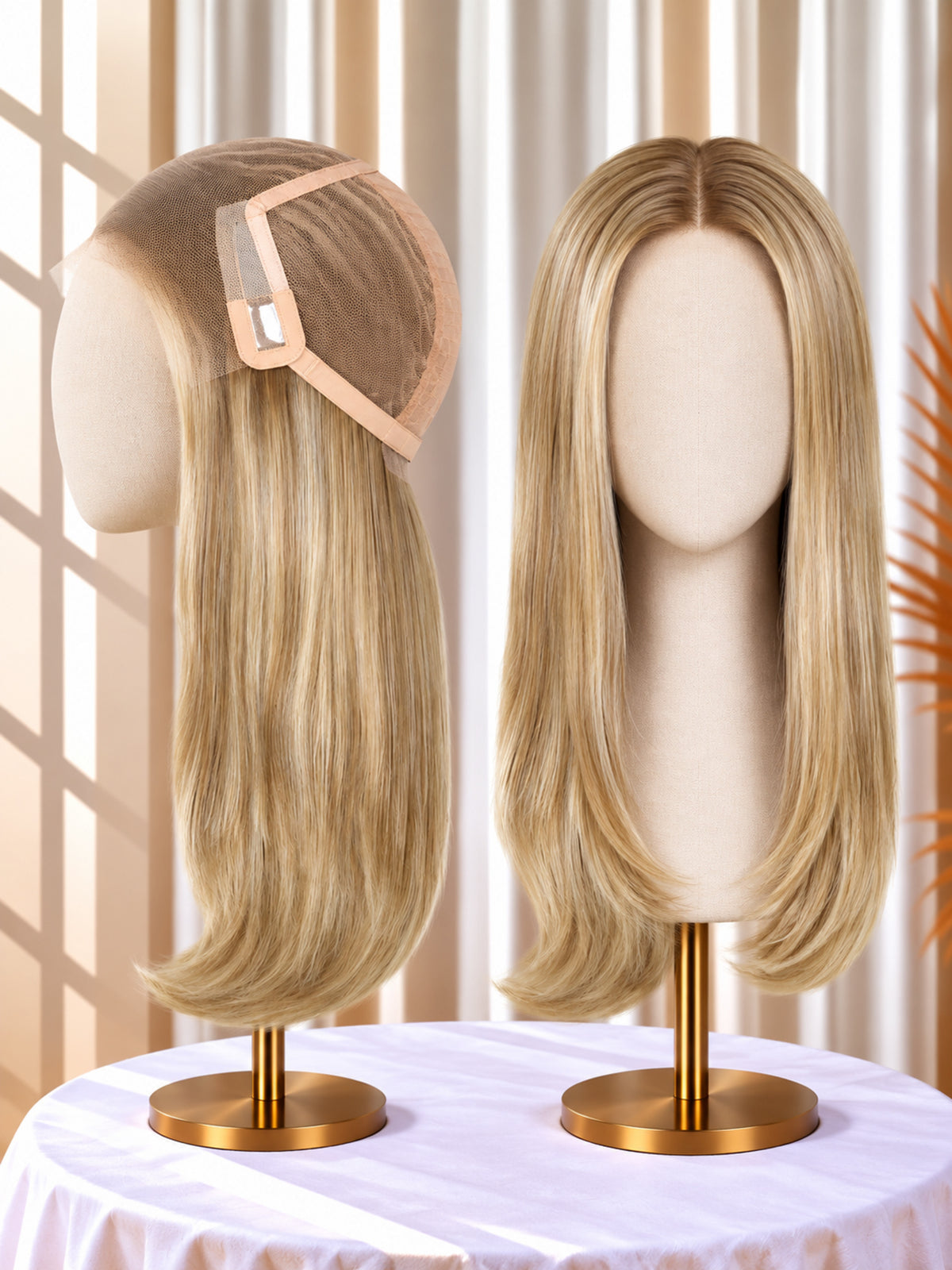 Welded lace wig, light blonde hair wig samples on stands with visible lace cap