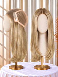 Welded lace wig, light blonde hair wig samples on stands with visible lace cap