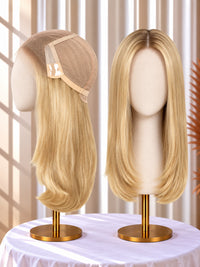 Welded lace medical wig in golden blonde, side profile and front view on stand
