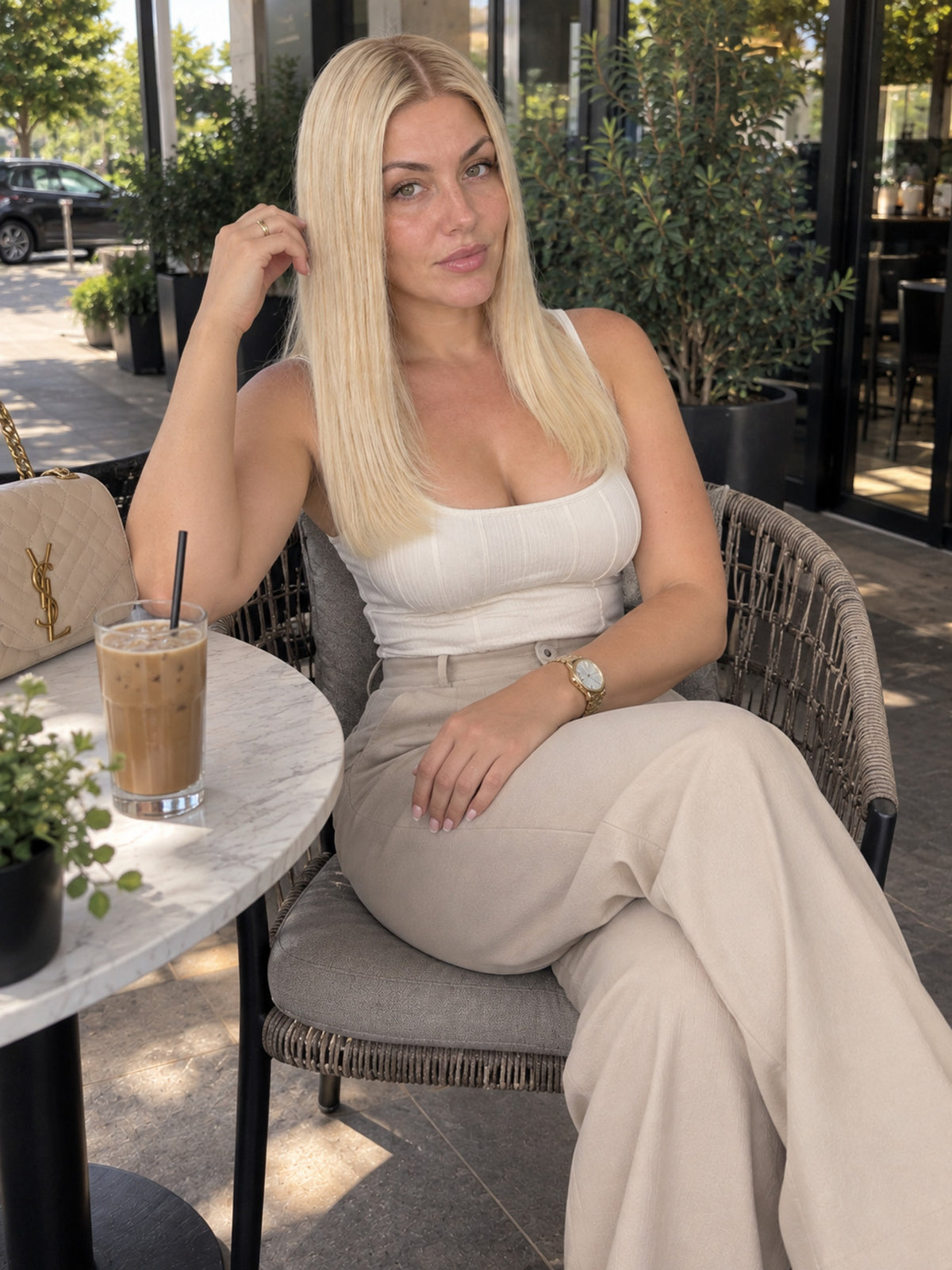 Welded lace medical wig, long straight light blonde hair on seated model, side part