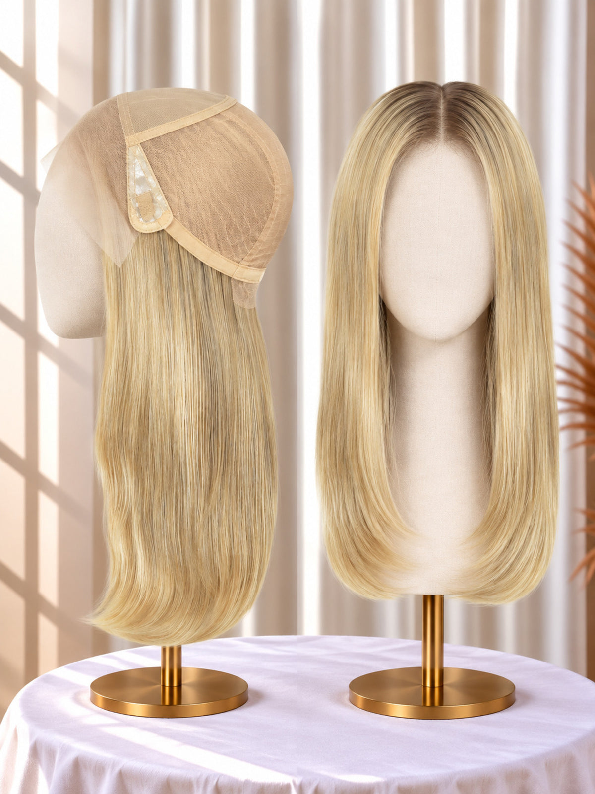 Welded lace wig, beige-blonde hair wig samples on stands with visible lace cap