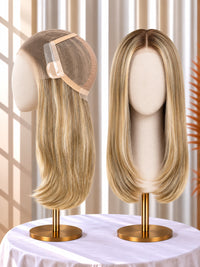 Welded lace medical wig in honey blonde, front and side views on display stand