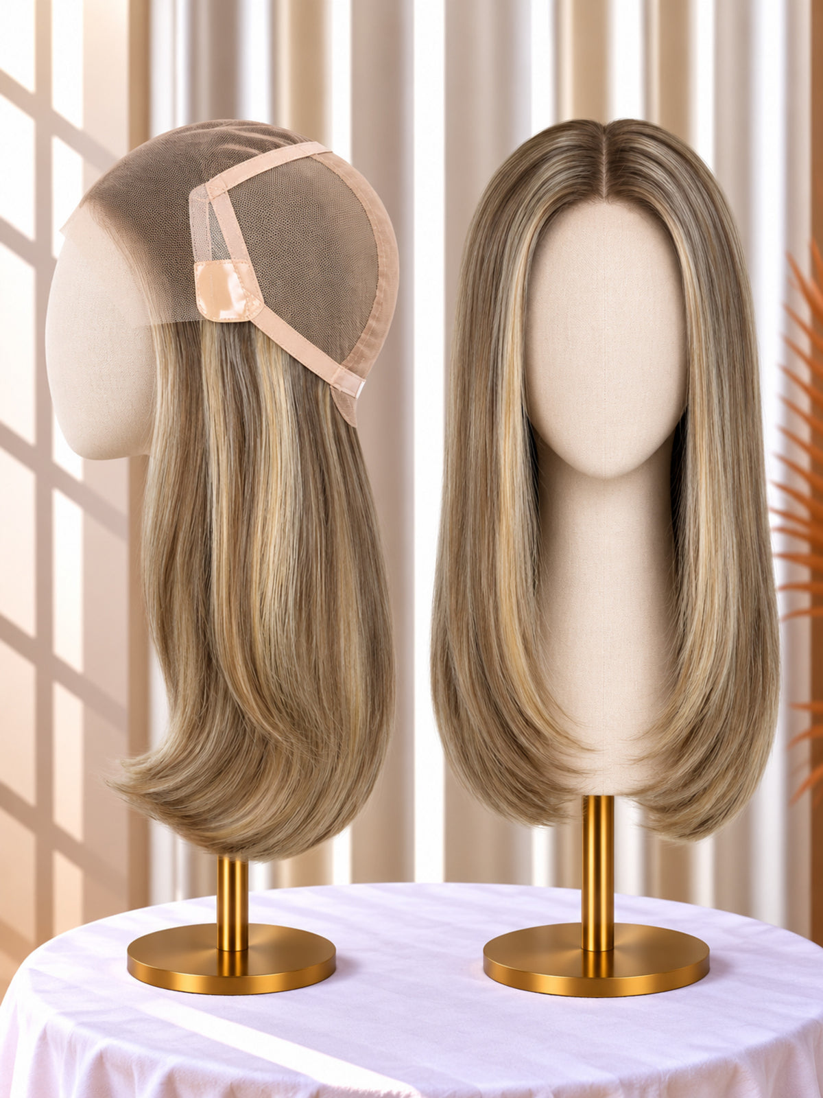 Welded lace wig, dark blonde to light brown wig samples on stands with visible lace cap