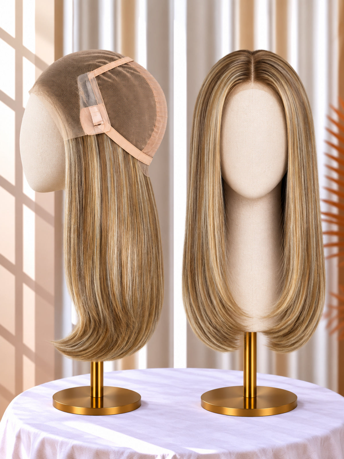 Welded lace medical wig in light blonde, back side and front view on stand