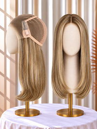 Welded lace medical wig in light blonde, back side and front view on stand