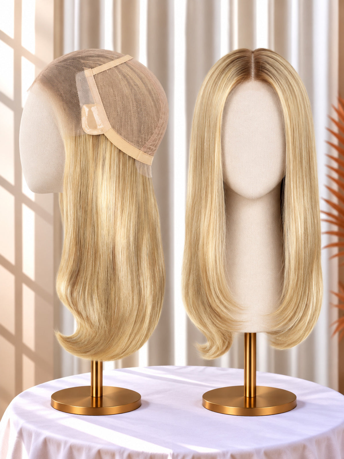 Blonde welded lace medical wig with lace cap and straight shoulder-length hair on stands