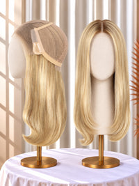 Blonde welded lace medical wig with lace cap and straight shoulder-length hair on stands