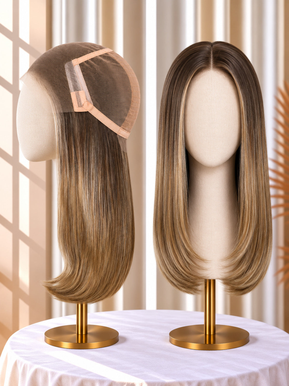 Welded lace wig, blonde hair wig samples on stands with visible lace cap