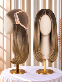 Welded lace wig, blonde hair wig samples on stands with visible lace cap