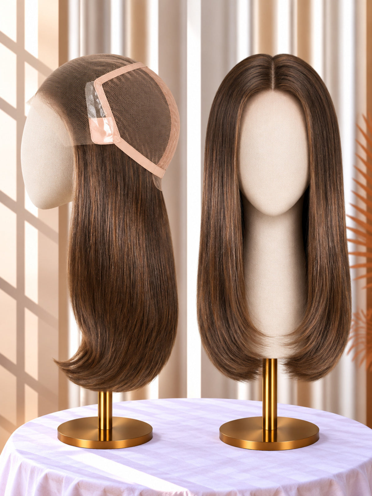 Welded lace medical wig in rich brown, side profile and front view on stand