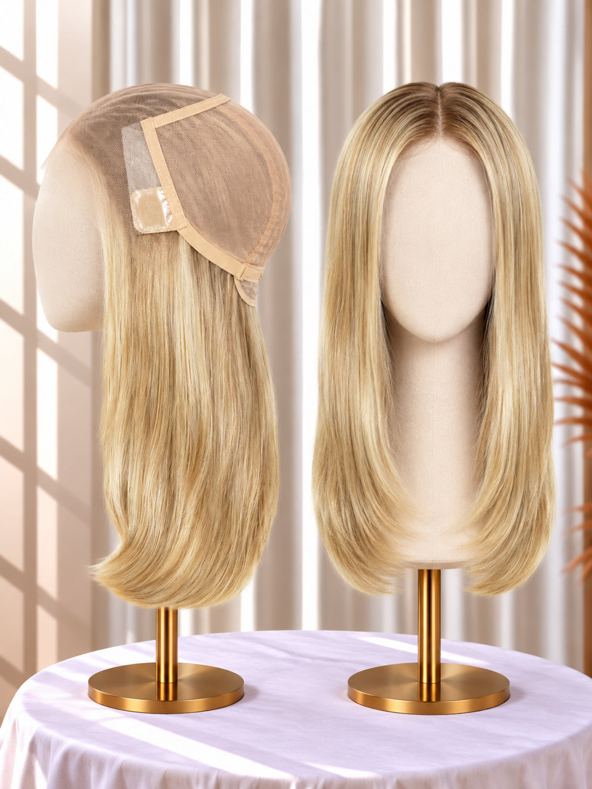 Welded lace medical wig in light blonde, side view and front view on stand