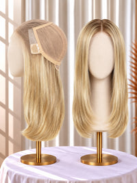 Welded lace medical wig in light blonde, side view and front view on stand