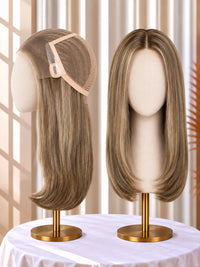 Welded lace medical wig in light blonde, front and side views on display stand