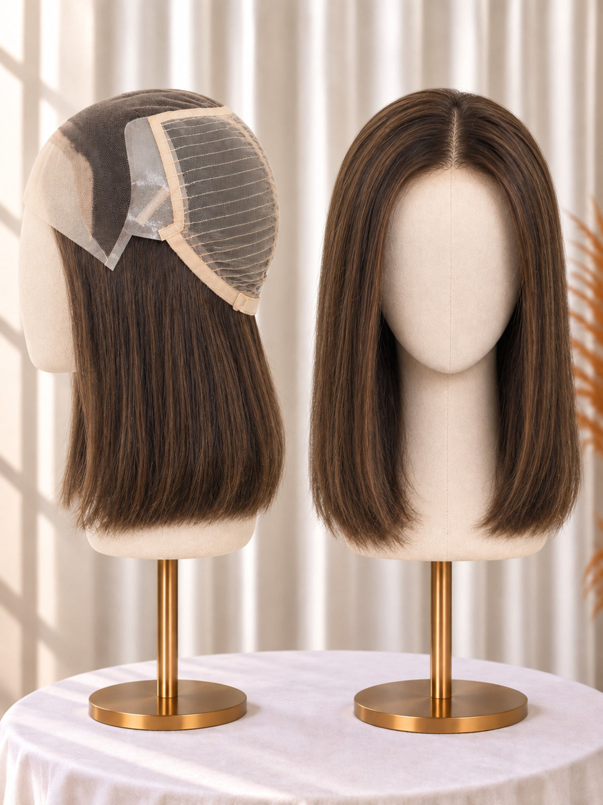 Lace-front medical wig with straight medium-brown hair on mannequin, lace top and cap