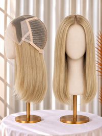 Lace-front medical wig with straight blonde bob hair, lace top and cap visible