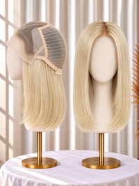 Lace-front medical wig with straight blonde hair on mannequin, lace top and cap visible