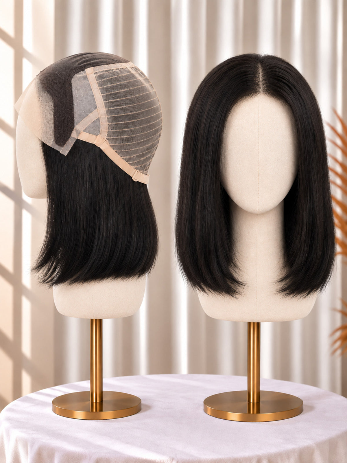 Lace-front medical wig with straight black bob hair on mannequin, lace top and cap