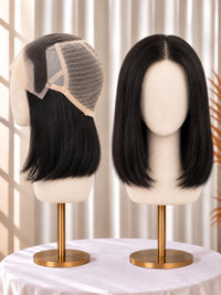 Lace-front medical wig with straight black bob hair on mannequin, lace top and cap
