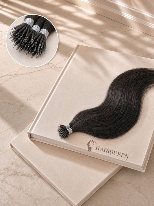 Black nano ring hair extension bundle with micro rings and weft.