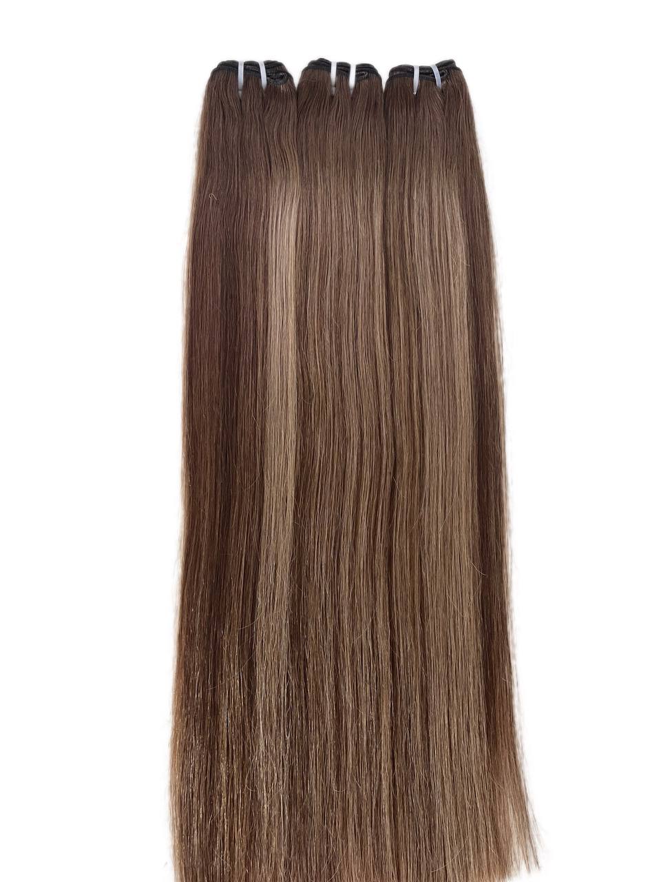Chestnut brown straight hair weft extensions with clips, side view