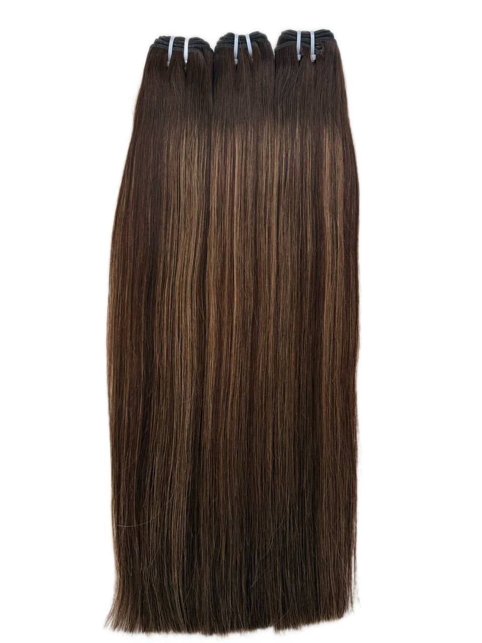 Chestnut brown hair weft extensions with clips, long straight strands