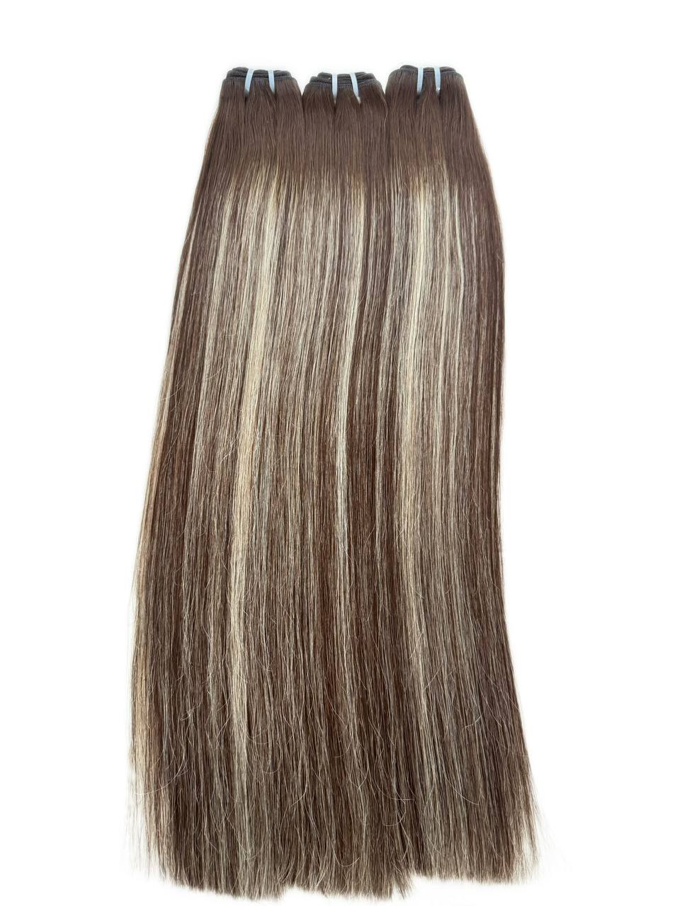 Clip-in hair extensions bundle, dark brown with light taupe highlights and clips
