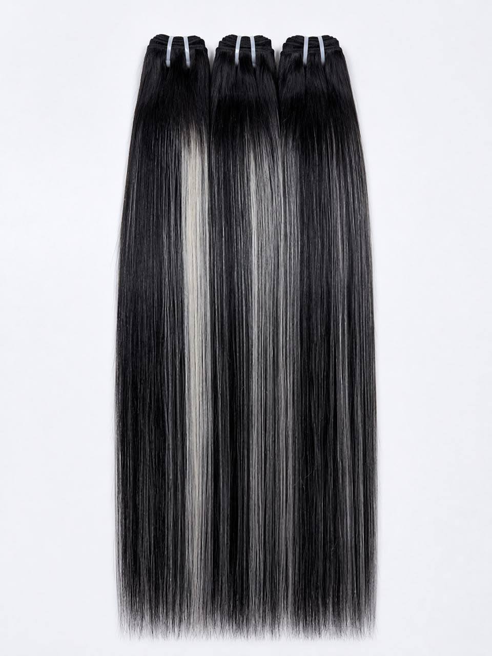 Clip-in hair extensions bundle, dark with silver-gray highlights and clips