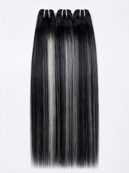 Clip-in hair extensions bundle, dark with silver-gray highlights and clips