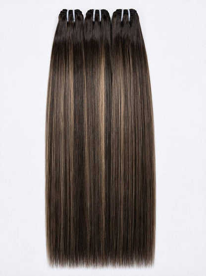Straight highlighted hair extensions bundle in dark brown with subtle blonde streaks