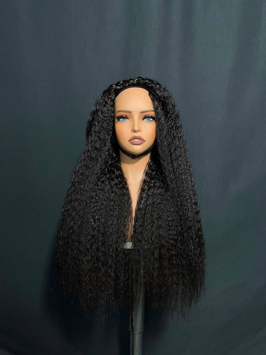 Black kinky straight half wig with natural middle part