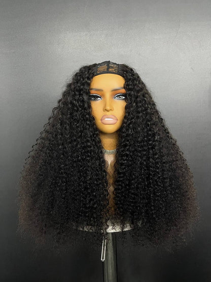 Black curly U-part wig with long voluminous hair and U-shaped opening