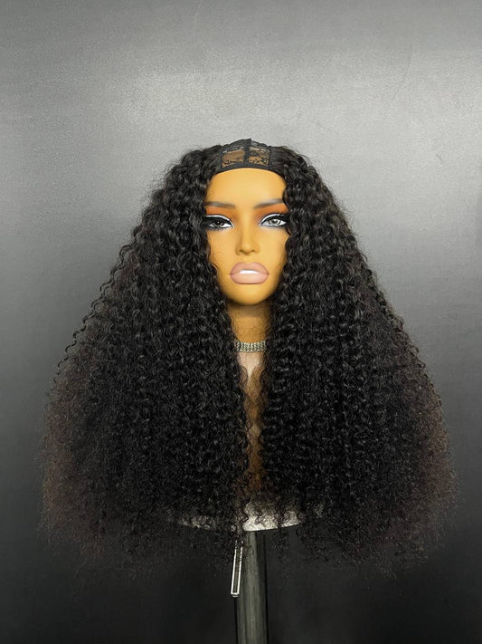 Black curly U-part wig with long voluminous hair and U-shaped opening
