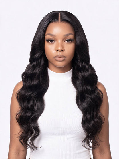 Dark lace wig with long loose waves, center part, and voluminous hair framing face