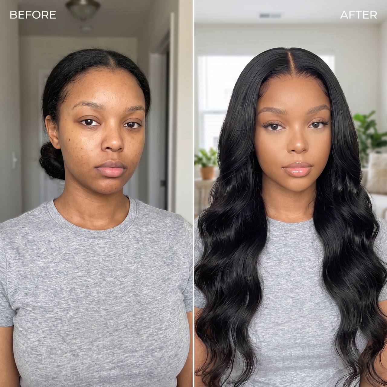 Long dark wavy lace wig styling update on model, center part and smooth hair