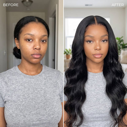 Long dark wavy lace wig styling update on model, center part and smooth hair