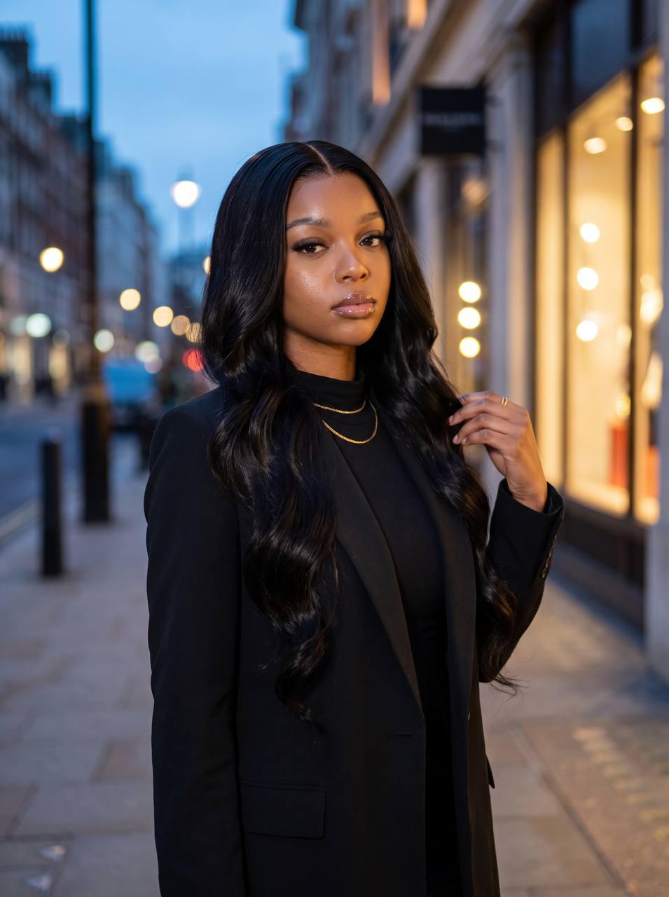 Black long lace wig with natural-looking body wave, center part and full coverage