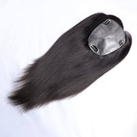 Dark hair topper with grey silicone base and metal clips, 5×6.5 size