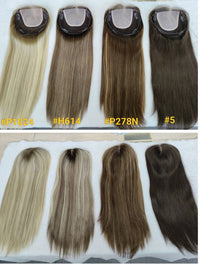 HD lace hair topper with lace base and straight hair; light, honey, brown, dark shades