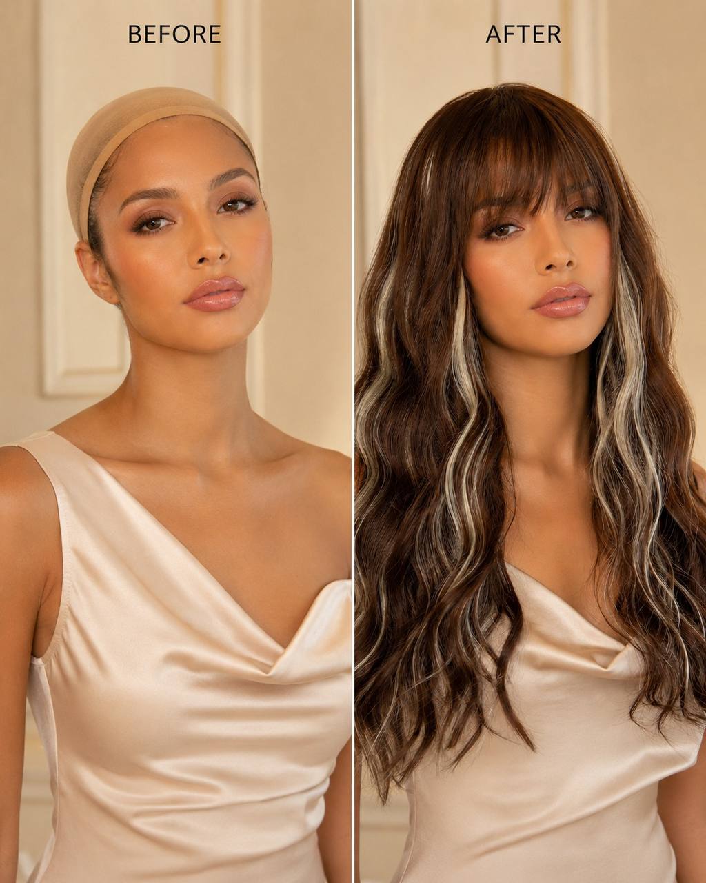 Mocha synthetic lace wig, long wavy brown hair with bangs over a satin V-neck top