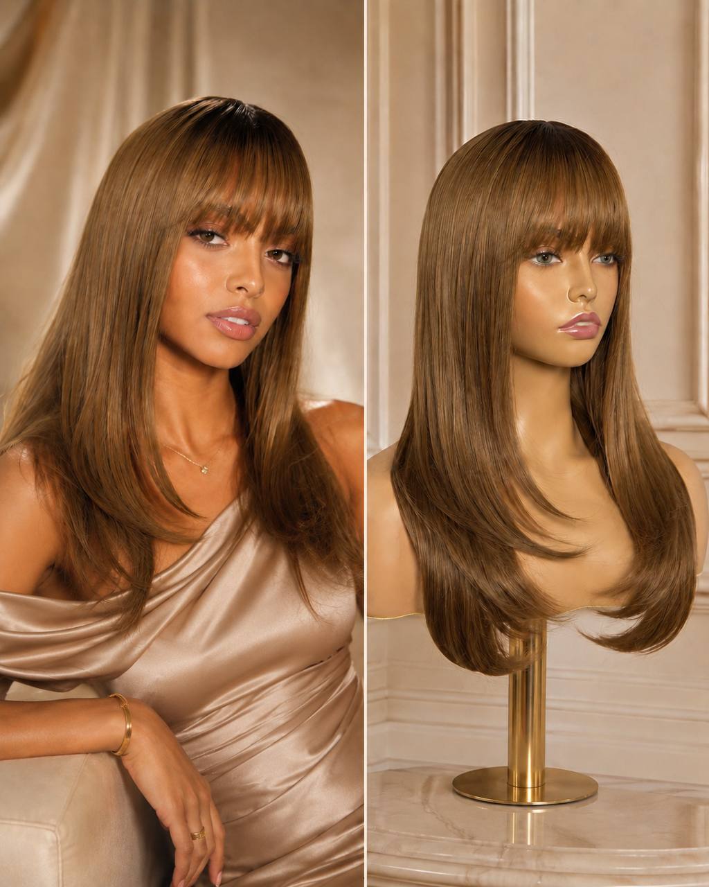 Caramel-brown synthetic lace wig, long straight hair with side-swept bangs