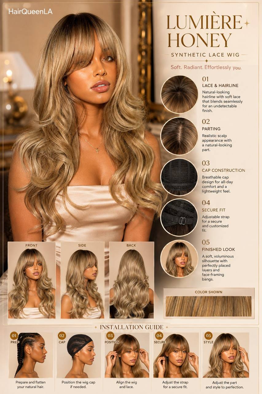 Synthetic lace wig with long layered waves in honey blonde, side part style.