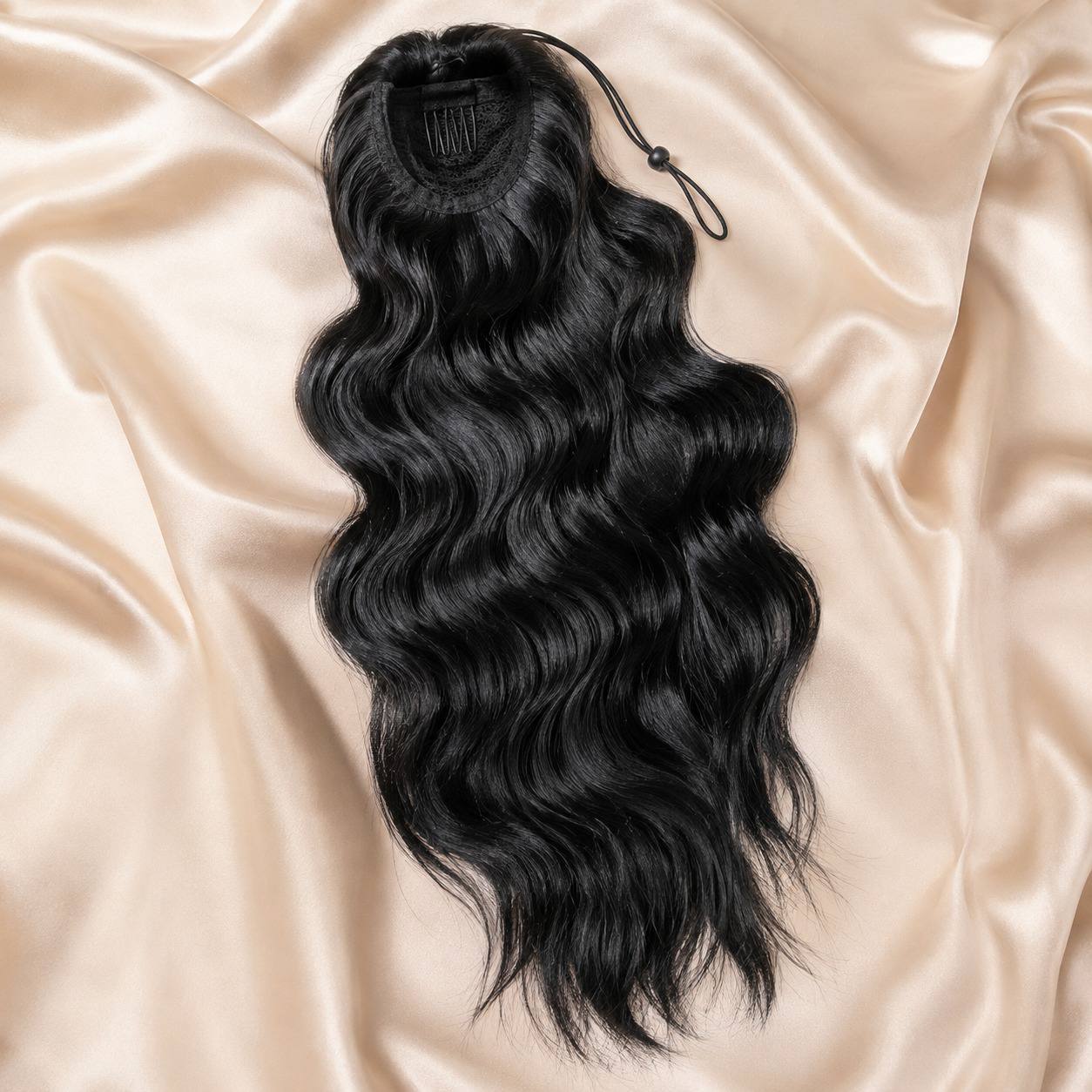 Black body-wave drawstring ponytail hairpiece with loose wavy bundle