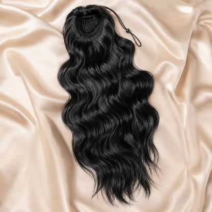 Black body-wave drawstring ponytail hairpiece with loose wavy bundle